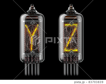 Nixie tube indicator. Letters y and x on black background. 83703839