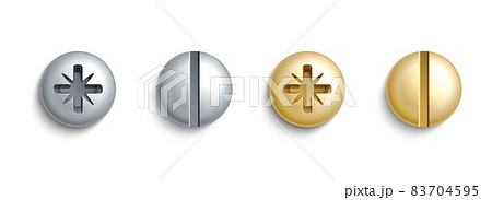 Metal screw head. Realistic bolts with line or cross carving. Isolated hardware template. Silver and bronze fasteners. Build or repair tools. Construction rivet. Vector metallic buttons set 83704595