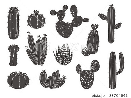 Black cactus. Western Mexican desert plant silhouette with blossom, exotic succulent artwork with thorns and flowers. Botanical blooming elements. Vector graphic isolated set 83704641