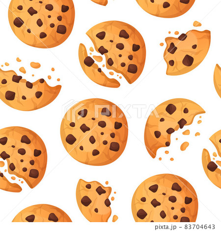 Cookie pattern. Cartoon wallpaper with cute chocolate biscuit pieces and chips. Sweet dessert seamless texture. Yummy confectionery. Crushed pastry and crumbs. Vector food product print 83704643