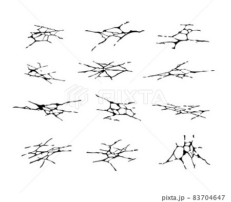 Floor crack. Cartoon earthquake ground holes. Land fractures and canyon clefts. Concrete breaks and game damage effects collection. Cement erosion templates. Vector surface splits set 83704647