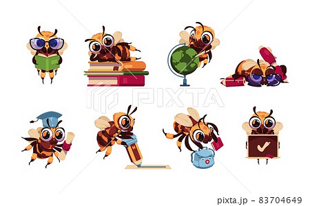 School bee. Cute cartoon children mascot with study supplies. Honeybee wearing glasses and holding pen or pencil. Insect character with books and globe. Vector educated bumblebees set 83704649