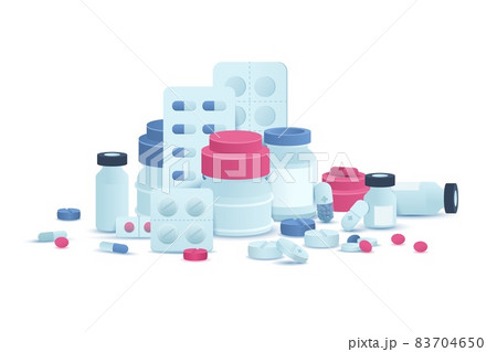 Prescription drugs. Medical pharmacy supplements, tablets antibiotics pills vitamins and painkillers. Medical tablets and capsules in bottles and blisters, vector isolated illustration 83704650
