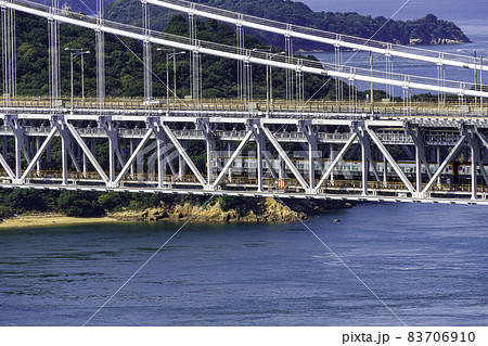 瀬戸大橋を渡る電車と自動車 岡山県倉敷市 瀬戸大橋を渡る電車と自動車 岡山県倉敷市 83706910
