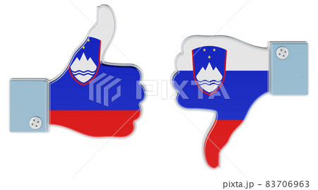 Slovenian flag painted on the hand with thumb up and thumb down. Like and dislike in Slovenia, concept. 3D rendering Slovenian flag painted on the hand with thumb up and thumb down. Like and dislike in Slovenia, concept. 3D rendering 83706963