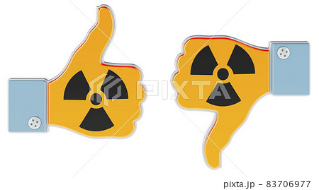 Radiation sign painted on the hand with thumb up and thumb down. 3D rendering Radiation sign painted on the hand with thumb up and thumb down. 3D rendering 83706977