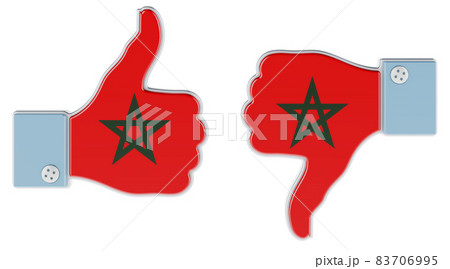 Moroccan flag painted on the hand with thumb up and thumb down. Like and dislike in Morocco, concept. 3D rendering Moroccan flag painted on the hand with thumb up and thumb down. Like and dislike in Morocco, concept. 3D rendering 83706995