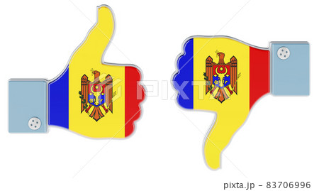 Moldovan flag painted on the hand with thumb up and thumb down. Like and dislike in Moldova, concept. 3D rendering Moldovan flag painted on the hand with thumb up and thumb down. Like and dislike in Moldova, concept. 3D rendering 83706996