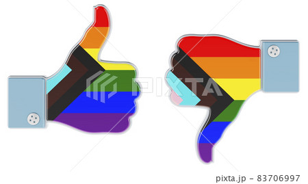 Modern pride LGBTQ flag painted on the hand with thumb up and thumb down. 3D rendering Modern pride LGBTQ flag painted on the hand with thumb up and thumb down. 3D rendering 83706997