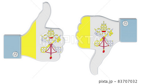 Vatican flag painted on the hand with thumb up and thumb down. Like and dislike in Vatican, concept. 3D rendering Vatican flag painted on the hand with thumb up and thumb down. Like and dislike in Vatican, concept. 3D rendering 83707032