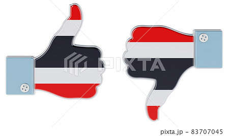 Thai flag painted on the hand with thumb up and thumb down. Like and dislike in Thailand, concept. 3D rendering Thai flag painted on the hand with thumb up and thumb down. Like and dislike in Thailand, concept. 3D rendering 83707045