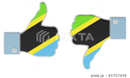 Tanzanian flag painted on the hand with thumb up and thumb down. Like and dislike in Tanzania, concept. 3D rendering Tanzanian flag painted on the hand with thumb up and thumb down. Like and dislike in Tanzania, concept. 3D rendering 83707046