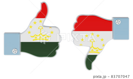 Tajik flag painted on the hand with thumb up and thumb down. Like and dislike in Tajikistan, concept. 3D rendering Tajik flag painted on the hand with thumb up and thumb down. Like and dislike in Tajikistan, concept. 3D rendering 83707047