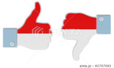 Indonesian, Monacan flag painted on the hand with thumb up and thumb down. Like and dislike in Indonesia, Monaco, Principality of Monaco, concept. 3D rendering Indonesian, Monacan flag painted on the hand with thumb up and thumb down. Like and dislike in Indonesia, Monaco, Principality of Monaco, concept. 3D rendering 83707083