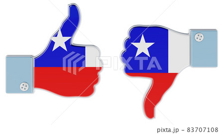 Chilean flag painted on the hand with thumb up and thumb down. Like and dislike in Chile, concept. 3D rendering Chilean flag painted on the hand with thumb up and thumb down. Like and dislike in Chile, concept. 3D rendering 83707108