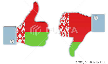 Belarusian flag painted on the hand with thumb up and thumb down. Like and dislike in Belarus, concept. 3D rendering 83707126