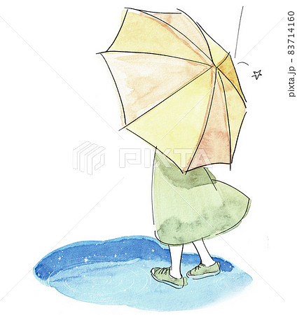 傘をさした少女と水たまりに映る星のイラスト素材