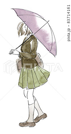傘をさして歩く学生服の女の子のイラスト素材