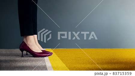 Start Concept. Woman Power. Low Section of Business Female Standing on Start Line for Moving Forward to New Challenge. Cropped Image. Side View. Business Strategy, Metaphor Conceptual 83715359