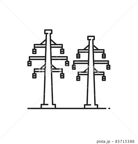 Structures, lattice tower and overhead power line isolated outline icon. Vector electricity pylon structure, steel lattice tower to support power line. Three-phase transmission towers powerlines 83715386