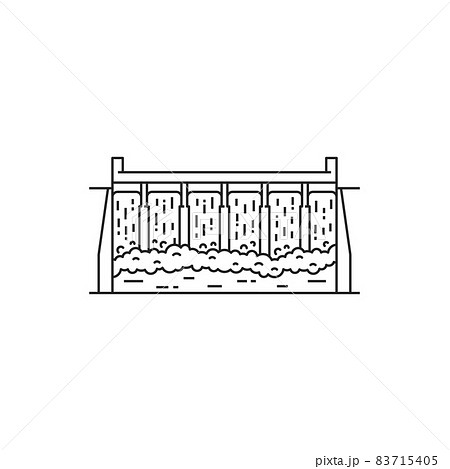 Hydropower water dam energy sources isolated thin line icon. Vector barrier stops or restricts flow of water or underground streams. Irrigation, consumption water source, waterfall construction 83715405
