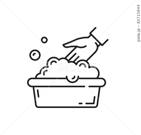 Hand wash sign isolated thin line icon. Vector not machine washable symbol, washing at 30 degrees symbol. Laundry wash house and water drop sign. Washbowl with foam bubbles, information emblem Hand wash sign isolated thin line icon. Vector not machine washable symbol, washing at 30 degrees symbol. Laundry wash house and water drop sign. Washbowl with foam bubbles, information emblem 83715644