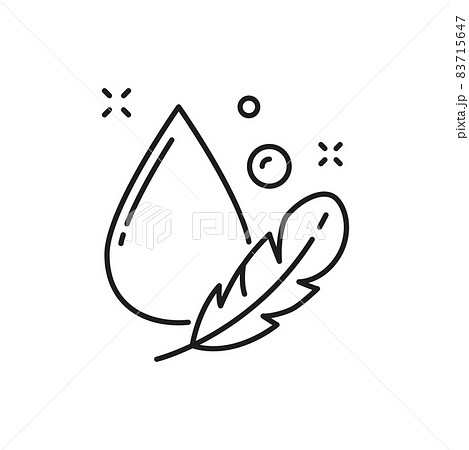 Washing light weight materials isolated thin line icon. Vector dry cleaning, drop of detergent and bird feather, breathable washable latex. Memory foam pillow, anti allergy latex mattress wash 83715647
