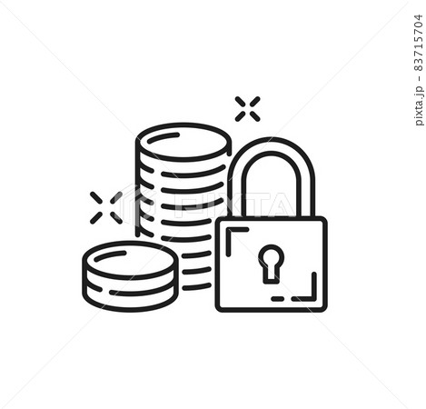 Payment and money protection isolated thin line icon. Vector finances security, deposit savings and lock, financial insurance stability. Cash money coins, padlock and income protection, economy crisis 83715704