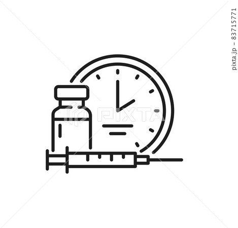 Coronavirus vaccine shot, time to vaccinate, syringe injection, bottle and timer clock thin line icon. Vector immunization campaign. Health care protection, medical treatment, pandemic fight 83715771