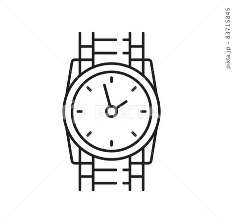 Swiss watch with silver or golden bracelet isolated thin line icon. Vector clock time measurement device. Face with arrows, pointers or hands, ornate watch on metal strap belt. Elegant man accessory Swiss watch with silver or golden bracelet isolated thin line icon. Vector clock time measurement device. Face with arrows, pointers or hands, ornate watch on metal strap belt. Elegant man accessory 83715845