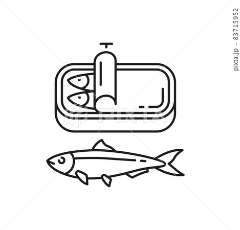 Canned sardines in oil isolated thin line icon. Vector Portuguese national food, seafood product packaging. Canned sardines in oil isolated thin line icon. Vector Portuguese national food, seafood product packaging. 83715952