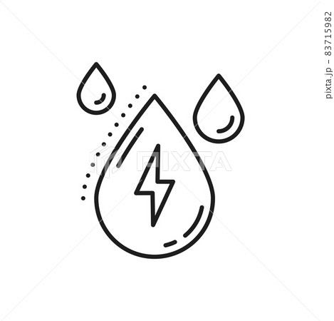 Lighting bolt and rain drops isolated natural energy sources thin line icon. Vector rainy weather, eco friendly clean and green energy objects. Weather forecast outline meteorology thunderstorm symbol 83715982