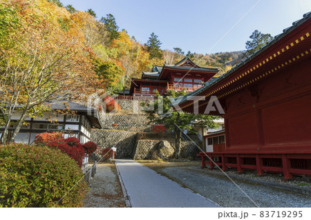 紅葉の山に五大堂が見える中禅寺「立木観音」の境内/栃木県日光市 紅葉の山に五大堂が見える中禅寺「立木観音」の境内/栃木県日光市 83719295
