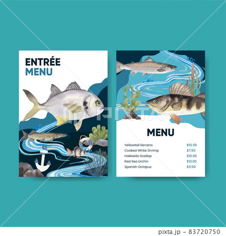 Menu template with sea fish concept,watercolor style. 83720750