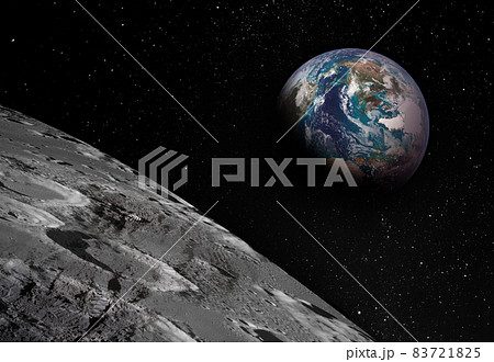 View of Moon limb with Earth rising on the horizon. Footprints as an evidence of people being there or great forgery. Collage. Diagonal composition. View of Moon limb with Earth rising on the horizon. Footprints as an evidence of people being there or great forgery. Collage. Diagonal composition. 83721825