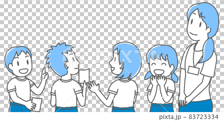 社会科見学で、対象を見上げて感想を話し合う子供達 83723334