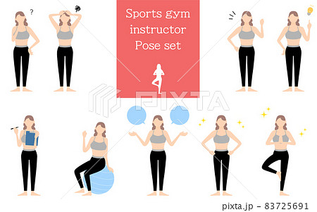 スポーツジムインストラクター女性のポーズセット、疑問・悩む・励ます・指さしetc 83725691