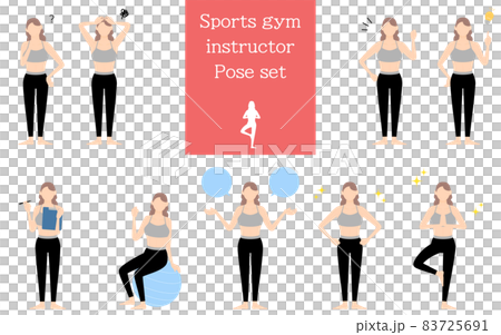 スポーツジムインストラクター女性のポーズセット、疑問・悩む・励ます・指さしetc 83725691
