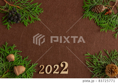 2022, christmas composition, spruce on brown background 2022, christmas composition, spruce on brown background 83725771