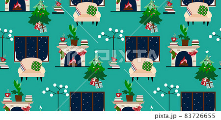 Christmas holiday home pattern with, living room, cozy interior, fireplace, snowy window scene, Christmas tree with gifts Christmas holiday home pattern with, living room, cozy interior, fireplace, snowy window scene, Christmas tree with gifts 83726655