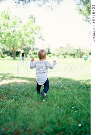 Kid walks on the green grass in the park. Back view Kid walks on the green grass in the park. Back view 83726701