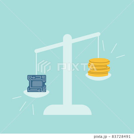 On the scales there is a microchip and coins. The cost of electronic microcircuits is increasing due to the global shortage of microchips. On the scales there is a microchip and coins. The cost of electronic microcircuits is increasing due to the global shortage of microchips. 83728491