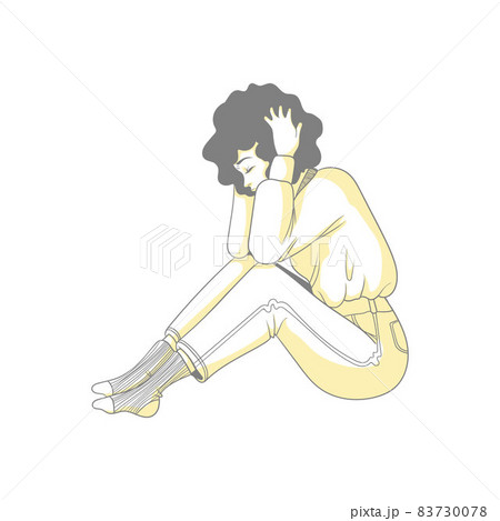 Lonely young girl is sitting, clutching her head. Mental Health and mental disorder concept. Exhausted hand drawn cartoon character isolated on white background.  83730078