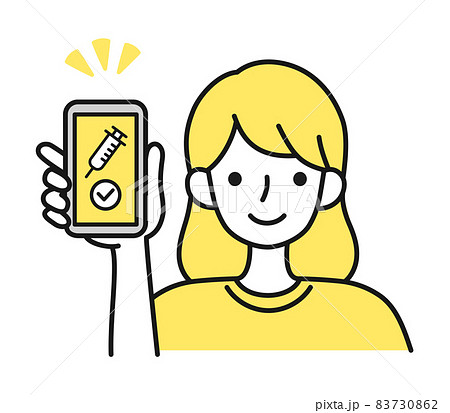 ワクチンの接種証明をスマートフォンで提示する女性のイラスト ワクチンの接種証明をスマートフォンで提示する女性のイラスト 83730862