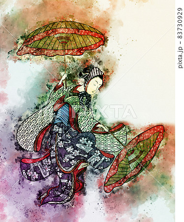 浮世絵 傘をさしている少女 その2 水彩風のイラスト素材 [83730929