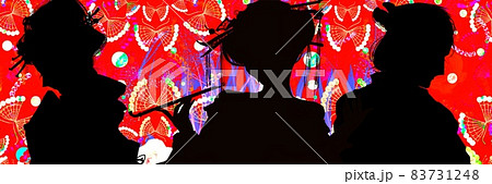 吉原遊女と町人の娘と浪人若侍の三角関係を描いた切り絵風シルエットと屏風絵 83731248
