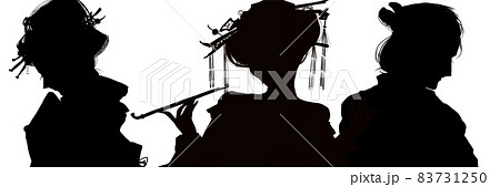 吉原遊女と町人の娘と浪人若侍の三角関係を描いた切り絵風シルエット 83731250