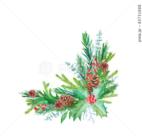 松毬、もみの枝、西洋柊などのクリスマス装飾の水彩イラスト。（ベクター。レイアウト変更可能）  83731688