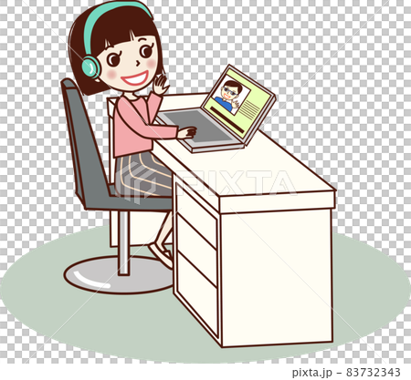 オンラインで勉強をする笑顔の若い女性。 オンラインで勉強をする笑顔の若い女性。 83732343