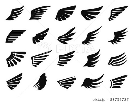 Wing icon, bird wings logo, flying eagle emblem. Black minimal birds feathers badge, heraldic hawk or phoenix wing silhouette icons vector set 83732787